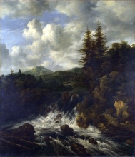 212/ruisdael, jacob isaackszon van - a landscape with a waterfall and a castle on a hill